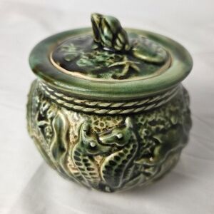 Vintage Green Ceramic Sea Ocean Themed Jar with Lid
